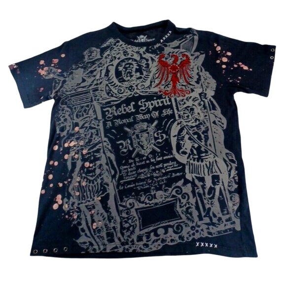 Rebel Spirit Y2K Insane All Over Print Embroidered Bleach Wash Grunge Si… - Picture 1 of 8